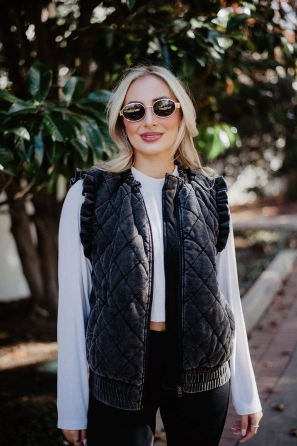 Garment Washed Quilted Ruffle Sleeve Vests