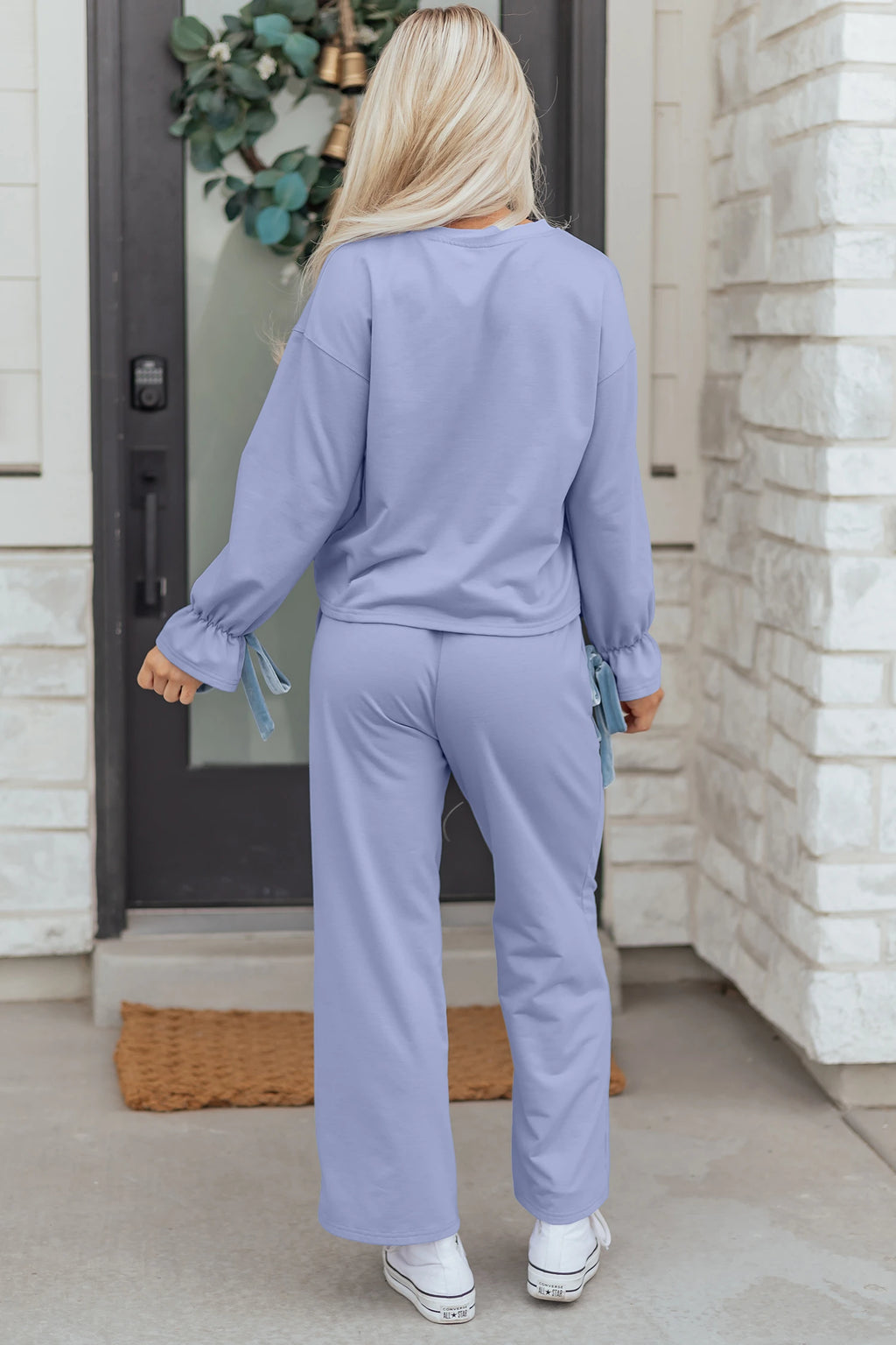 Beau Blue Flounce Long Sleeve Top Drawstring Pants Contrast Velvet Bow Knot Lounge Set