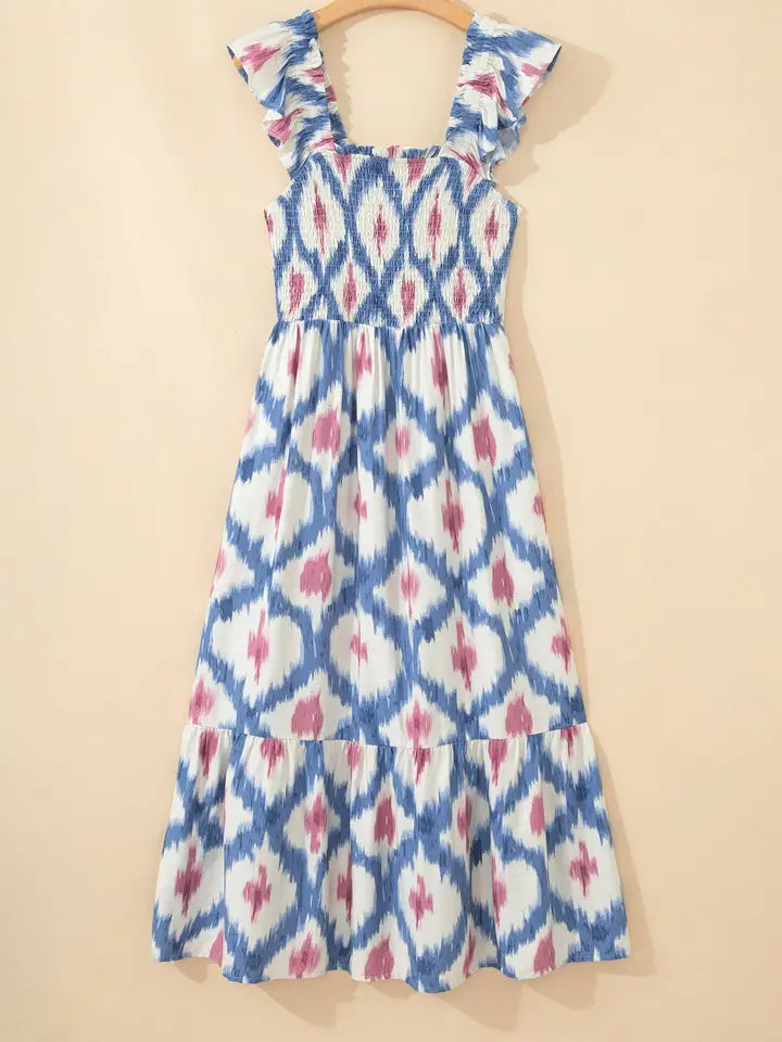 Boho Geometric Smocked Square Neck Ruffle Dress