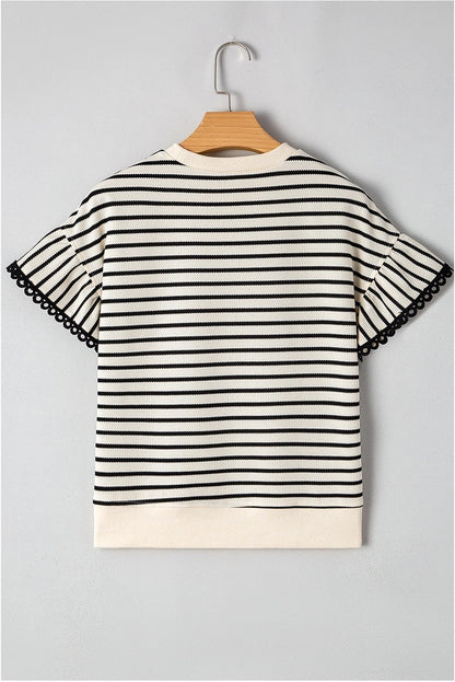 Stripe Scallop Lace Trim Ruffle Short Sleeves Crewneck Top