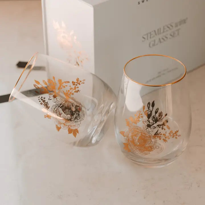 Delft Stemless Wine Glasses, Boxed Set of 2
