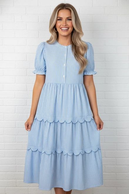 Stripe Bubble Sleeve Tiered Scallop Maxi Dress