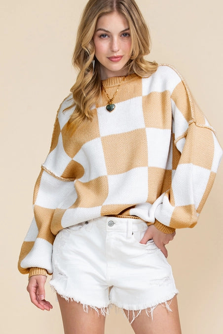 The Mandy | Checkered Bishop Sleeve Sweater