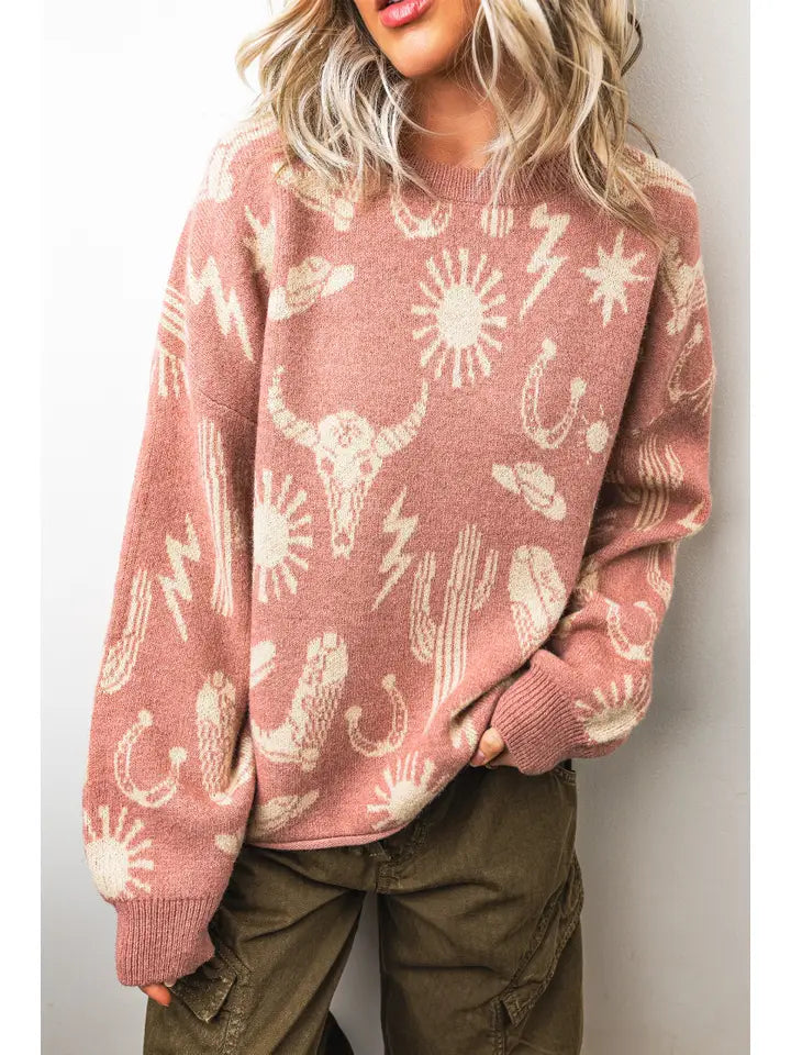 Western Drop Shoulder Round Neck Long Sleeve Sweater