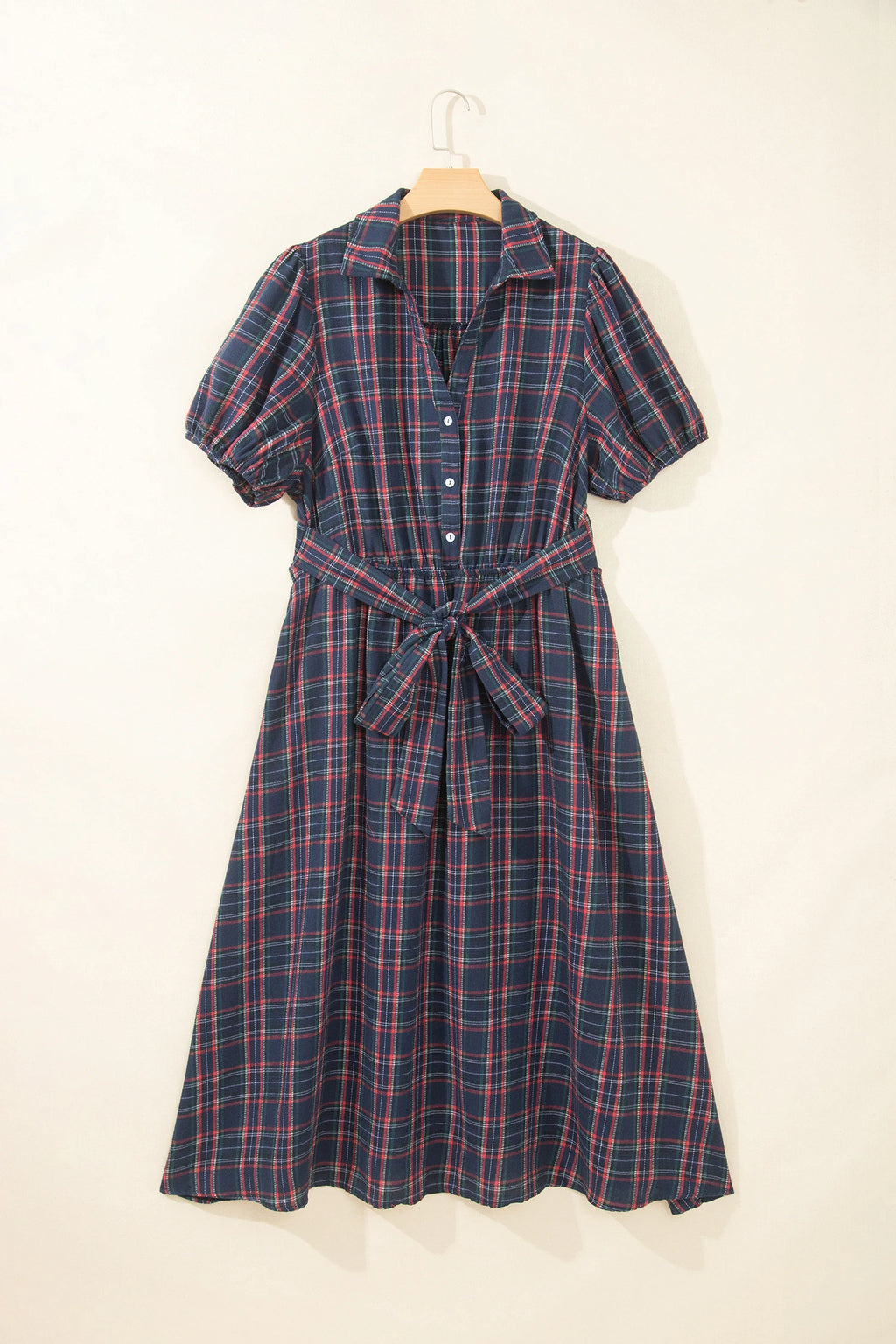 Plus Size Plaid V-Neck Belted Waist Maxi Dress