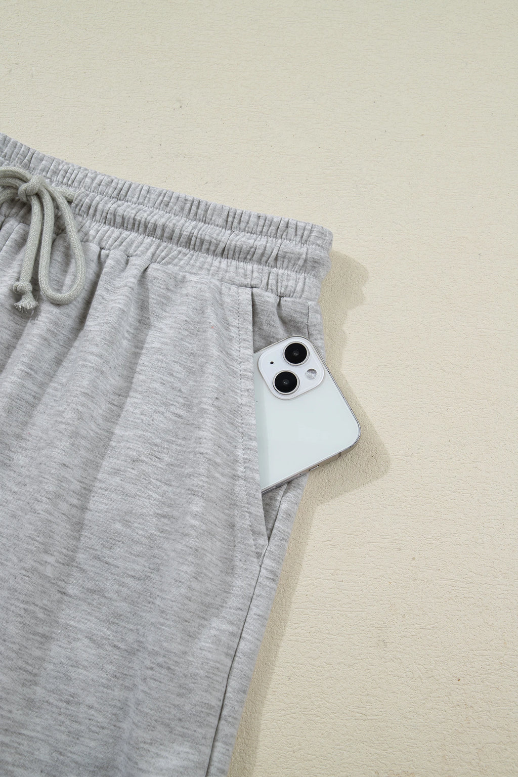 Light Grey Collared V Neck Tee Drawstring Elastic Waist Shorts Set