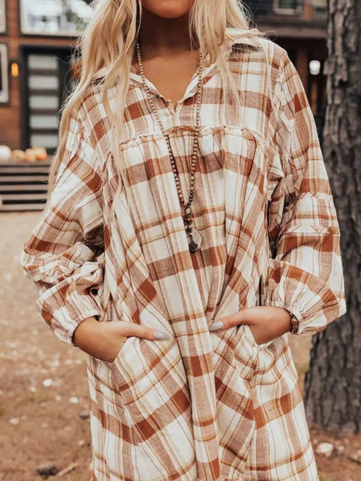 Brown Plaid Print Side Pockets Frilled Babydoll Mini Dress