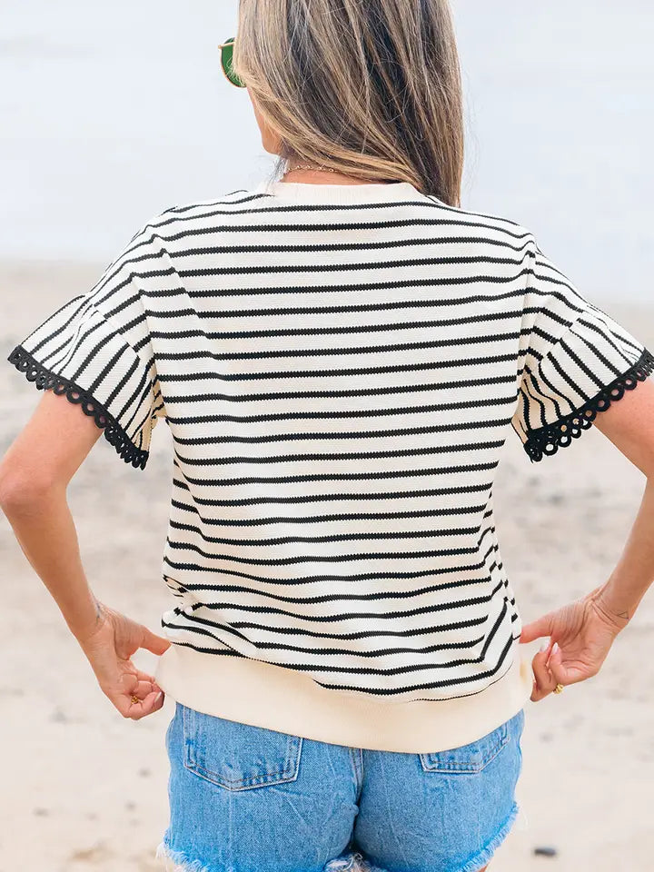 Stripe Scallop Lace Trim Ruffle Short Sleeves Crewneck Top