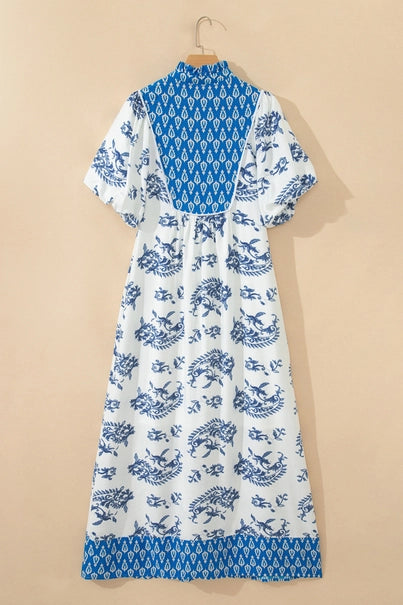 Boho Abstract Print Contrast Trim V Neck Dress