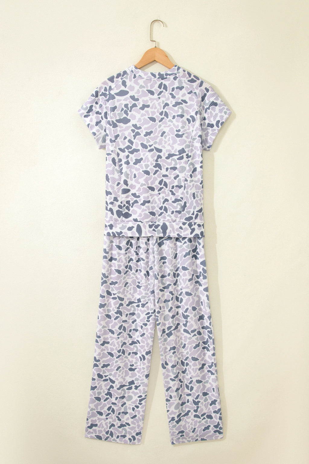 Beige Camouflage Print Twisted Rib Loose Tee Drawstring Pants Set