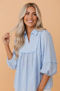 Stripe Shirt Collar Ricrac Trim Blouse