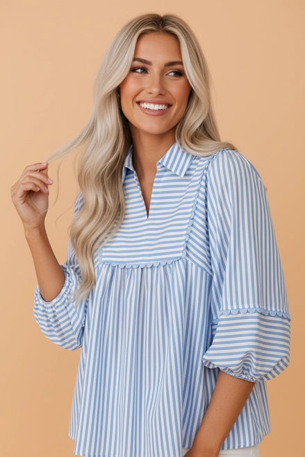 Stripe Shirt Collar Ricrac Trim Blouse