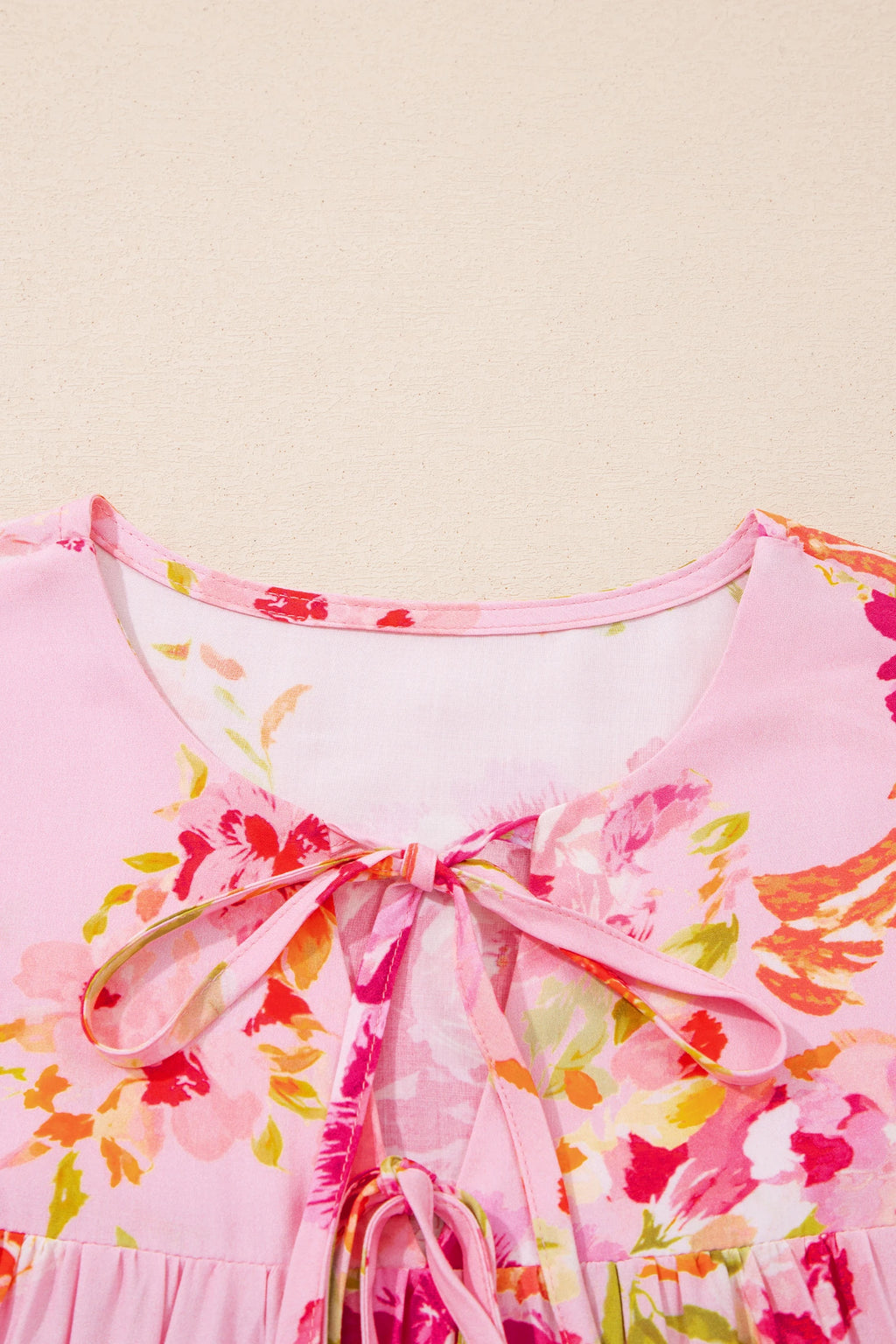 Pink Floral Print Tie Neck Puffy Half Sleeve Blouse