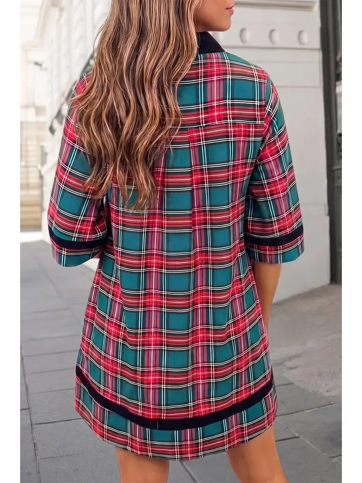 Christmas Plaid Print Velvet Trim Pockets Dress