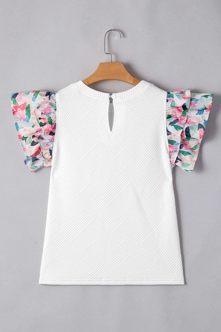 Abstract Print Tiered Ruffled Sleeve Textured Knit Top