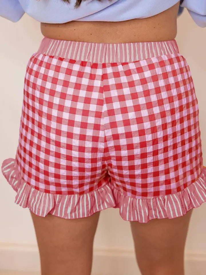 Gingham Print Ruffle Striped Detail Lace Tie Shorts