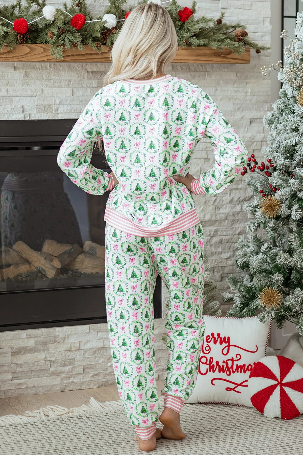 Green Bow Christmas Tree Print Contrast Striped Banding Lounge Set