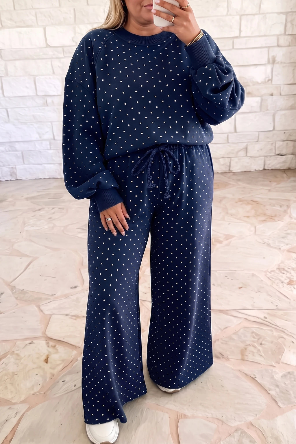 Polka Dot Drawstring Wide Leg Long Sleeve Top Pant Set