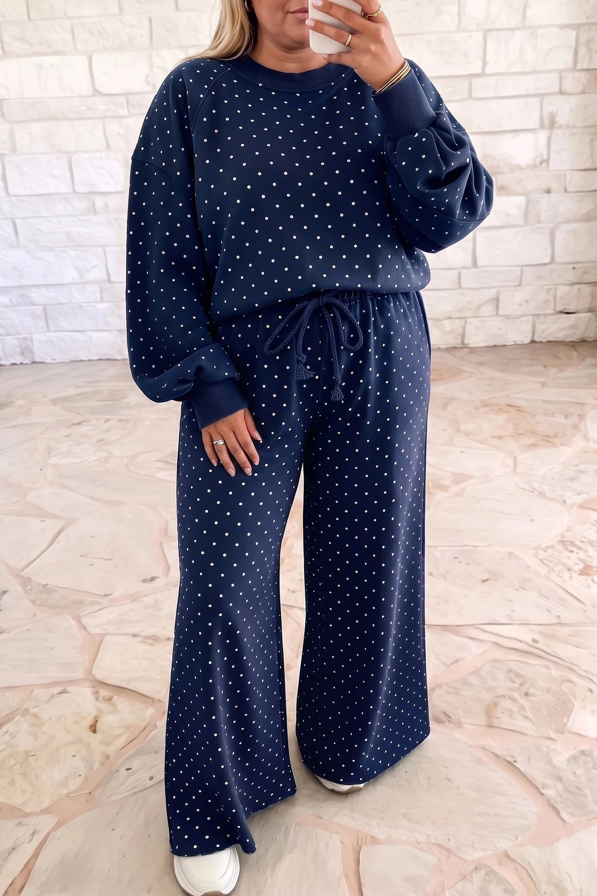 Polka Dot Drawstring Wide Leg Long Sleeve Top Pant Set