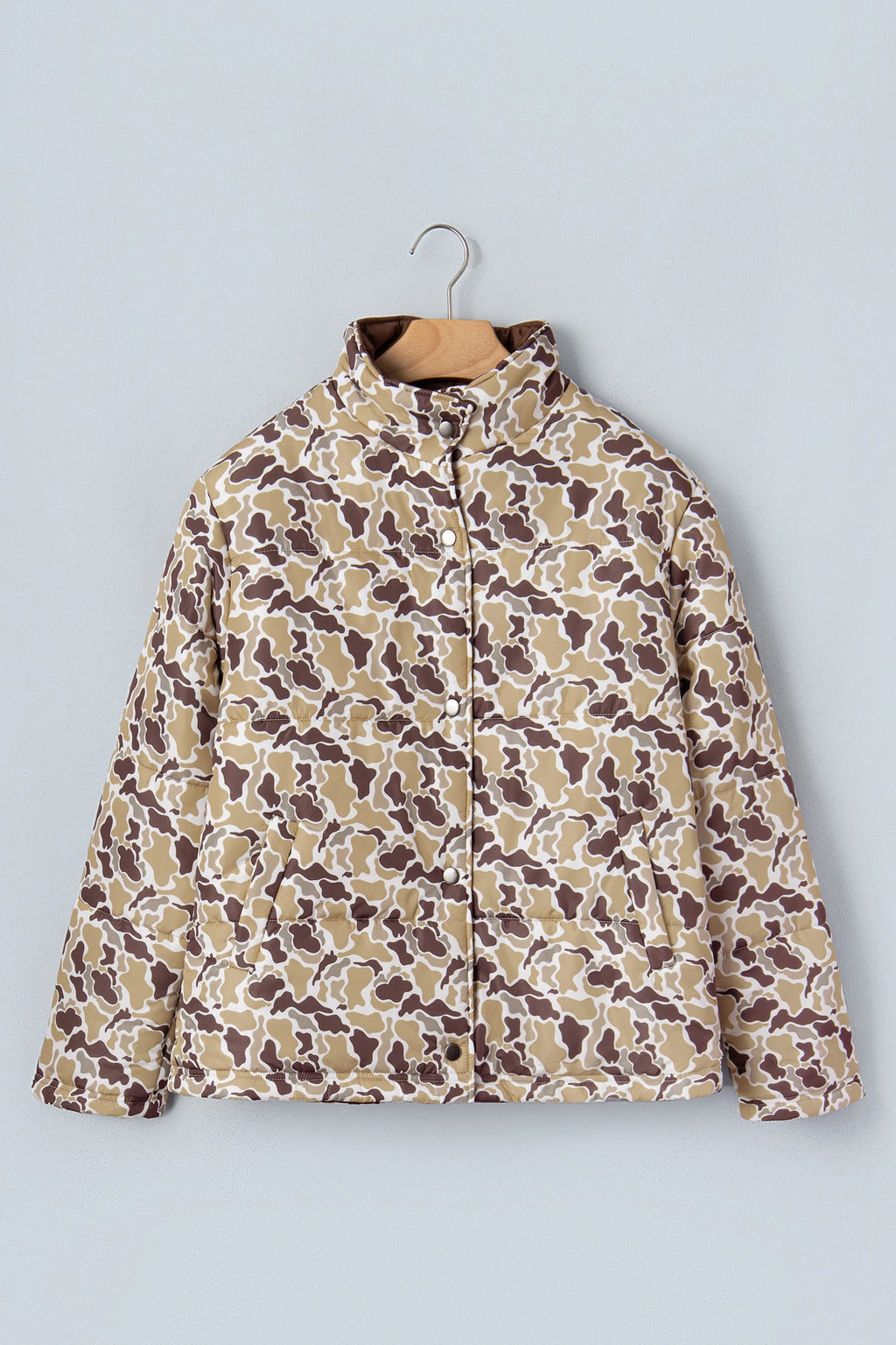 Camouflage Quilted Metal Button Collar Long Sleeve Puffer Coat