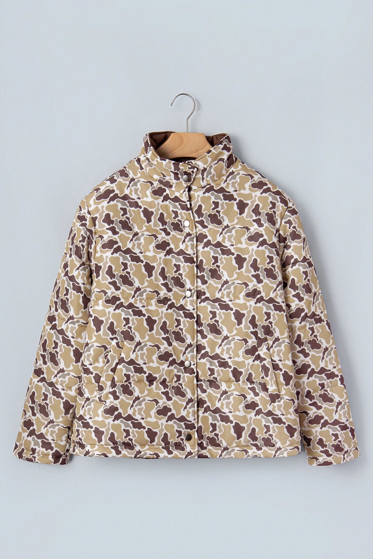 Camouflage Quilted Metal Button Collar Long Sleeve Puffer Coat