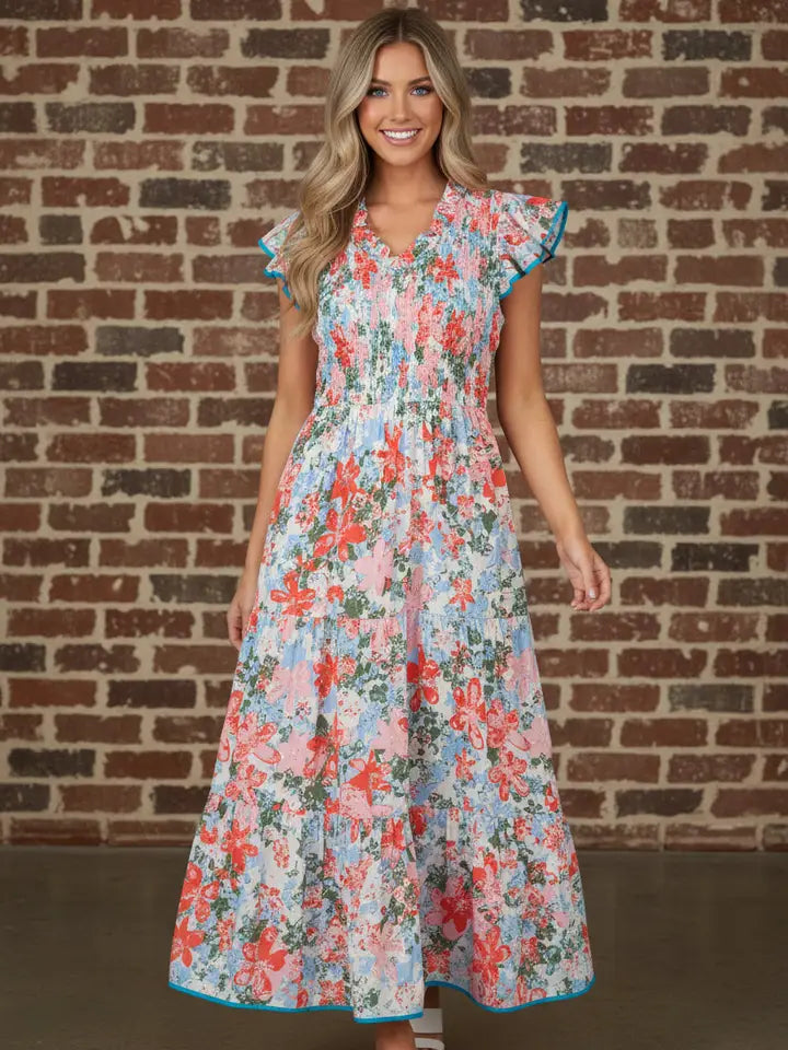 Floral Contrast Trim V-Neck Flutter Sleeve Maxi Dress