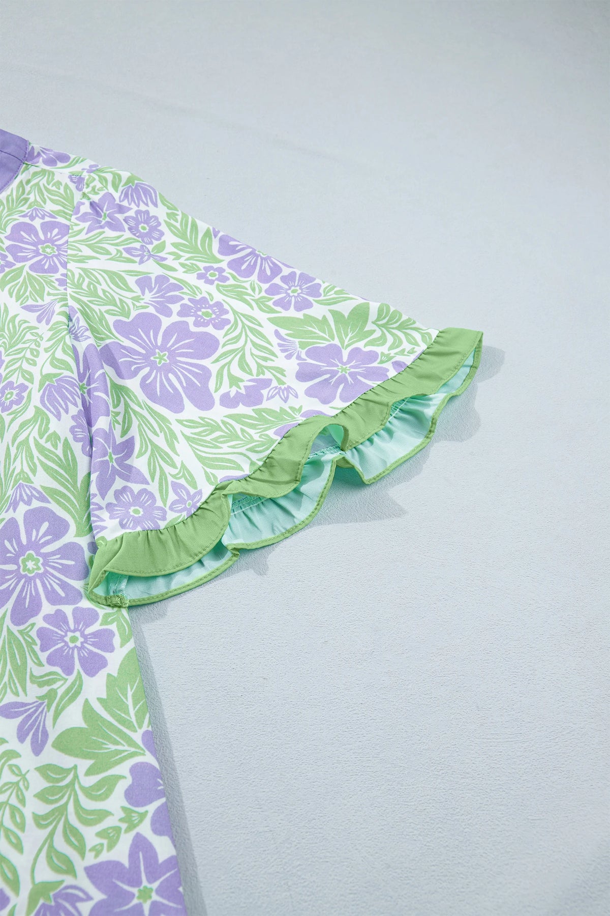 Purple Floral Print Ruffled Color Block Trim Half Sleeve Blouse
