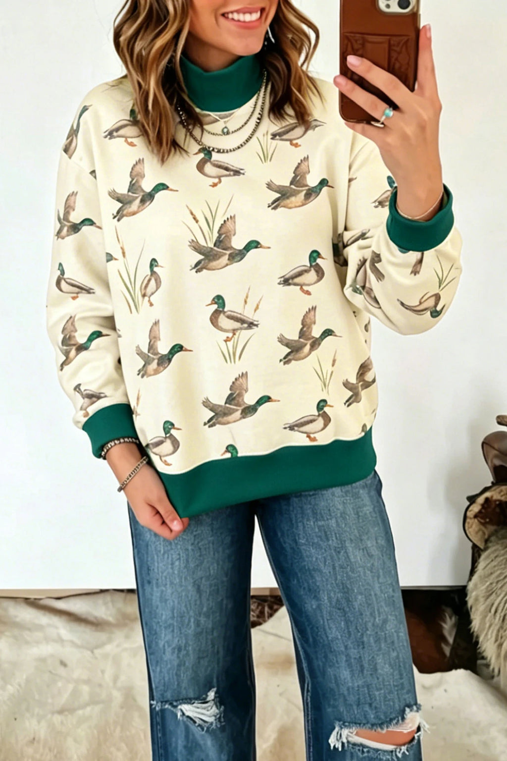 Mallard Print Patchwork Colorblock High Neck Sweatshirt