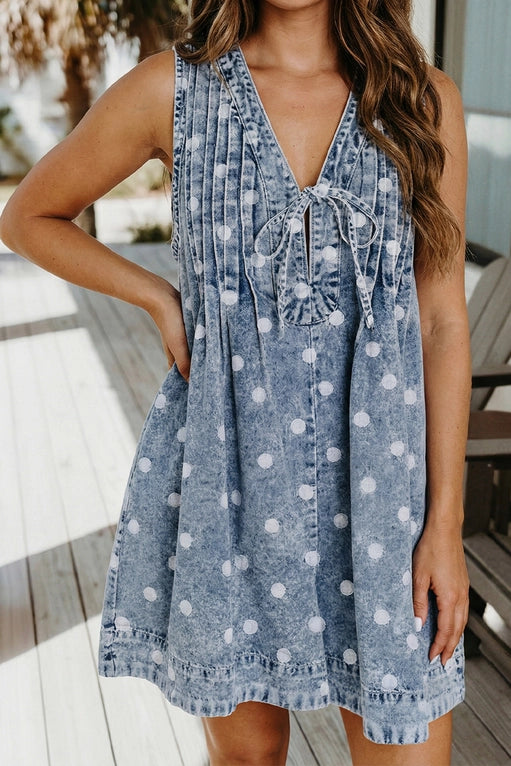 Polka Dot Print Tie V Neck Pleated Loose Denim Romper
