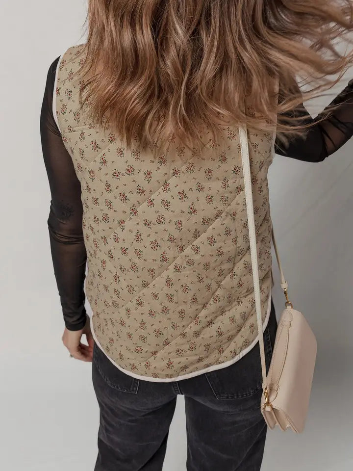 Floral Quilted Button Front Vest