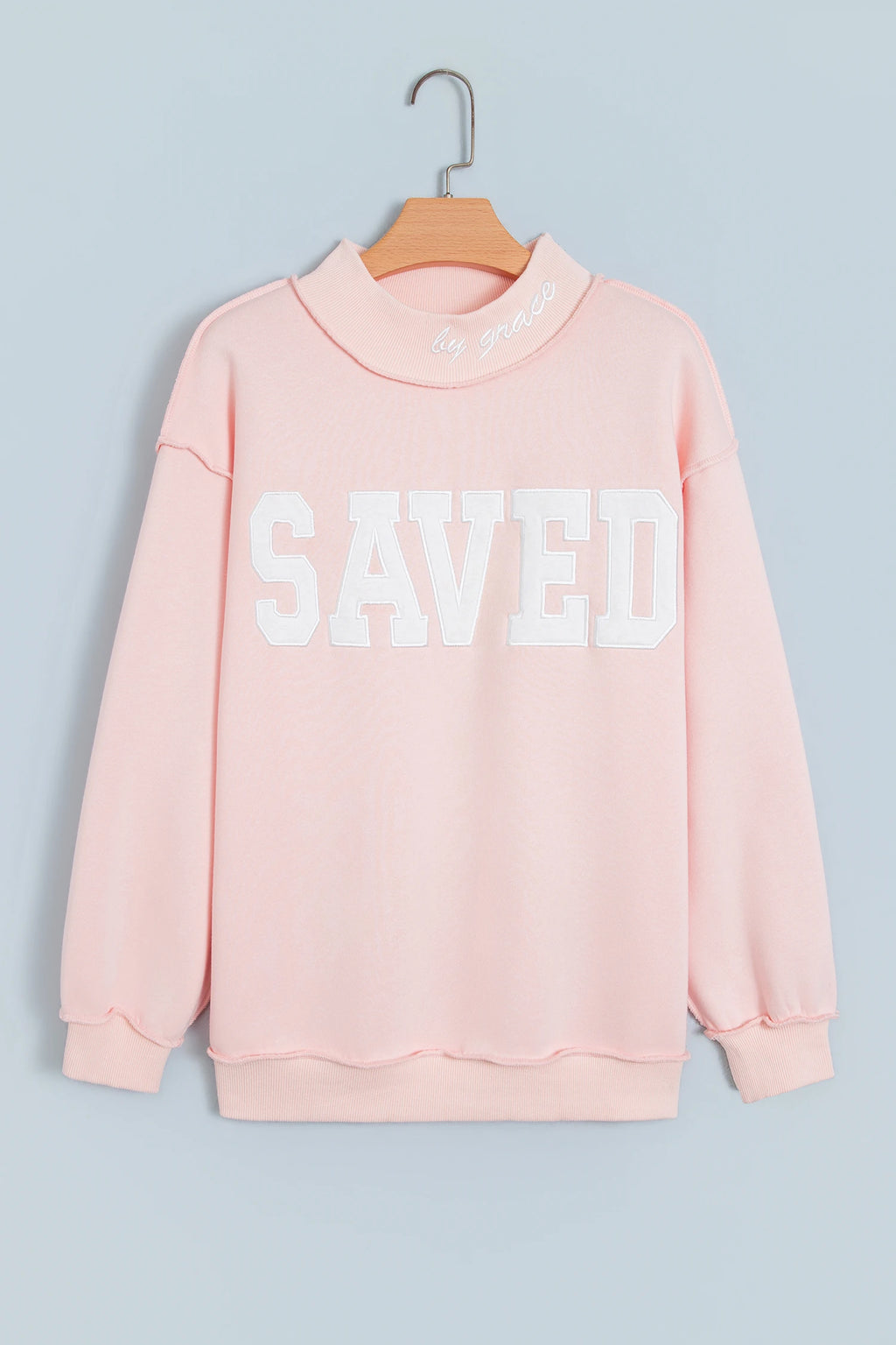 Pink Saved By Grace Embroidered Detail Letter Graphic High Neck Sweatshirt