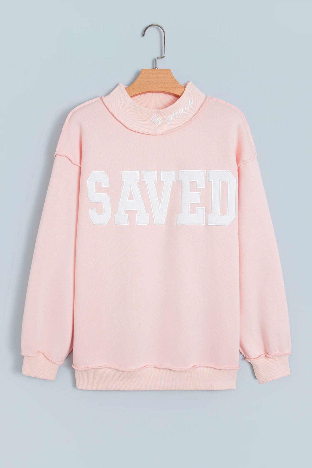 Pink Saved By Grace Embroidered Detail Letter Graphic High Neck Sweatshirt