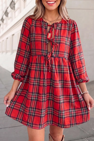 Christmas Plaid Tie Front Shift Mini Dress