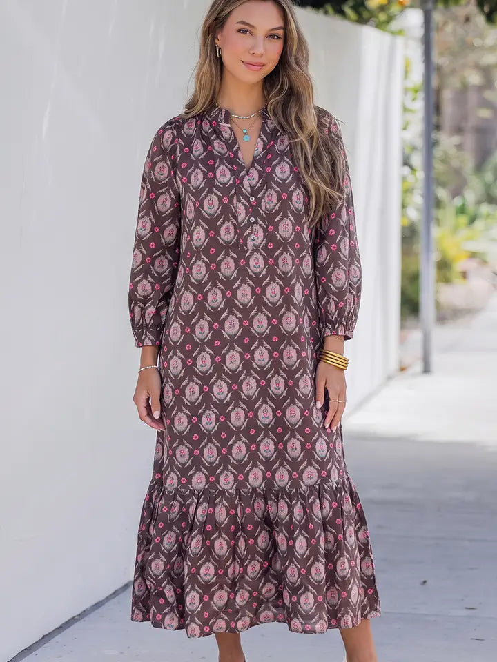 Floral Button Front Ruffle Hem Midi Dress