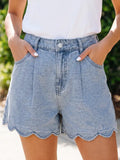 Solid Color Scalloped Trim Casual Denim Shorts