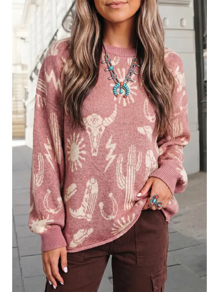 Western Drop Shoulder Round Neck Long Sleeve Sweater