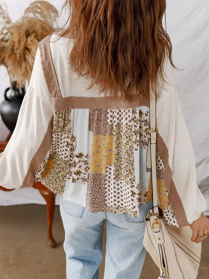Floral Printed Cross Patchwork Long Sleeve
