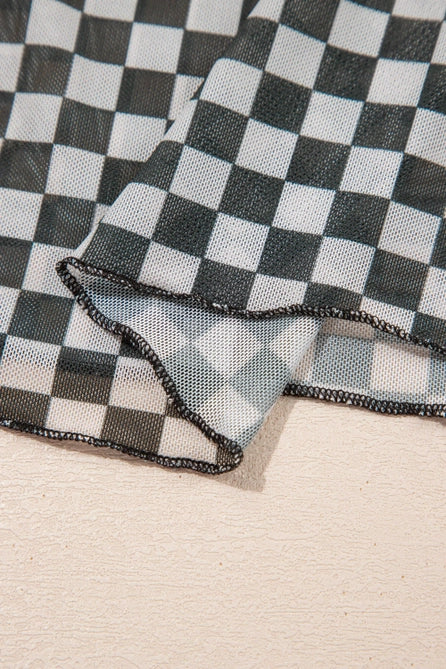 Plaid Stand Neck Long Sleeve Mesh Layering Top