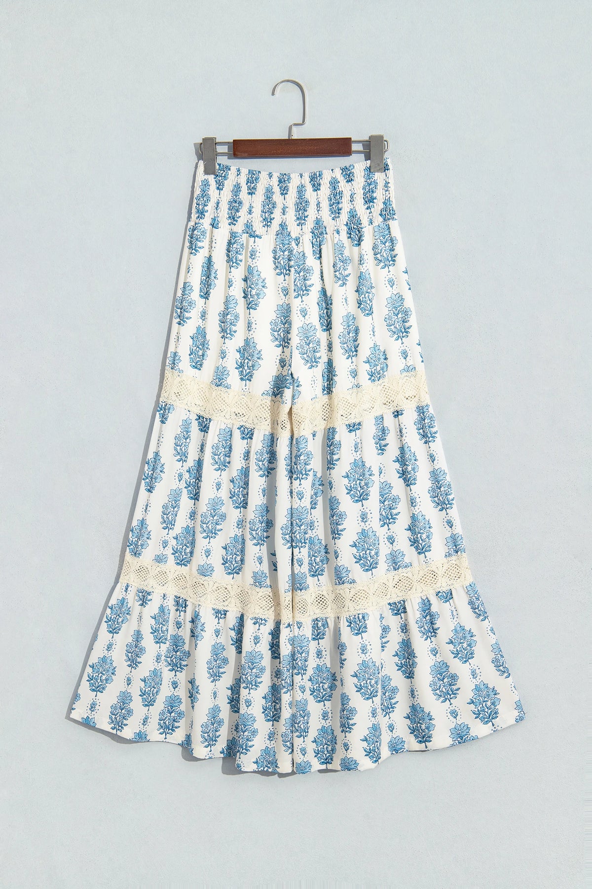Sky Blue Floral Print Lace Patchwork Detail Wide Leg Pants