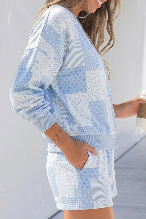 Patchwork Long Sleeve Waist Shorts